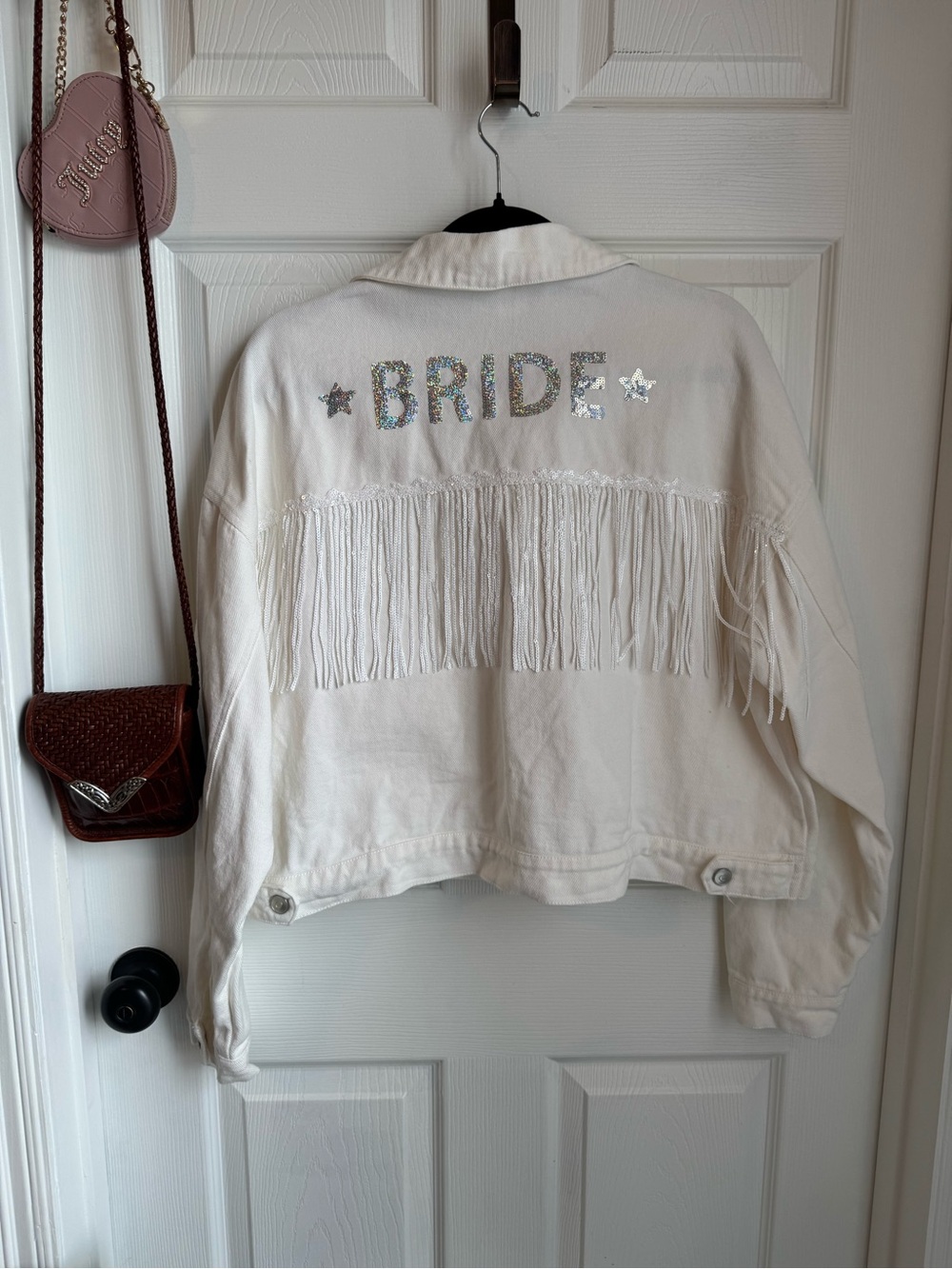 Peach Love Bride Sequin Fringe Denim Jacket - White